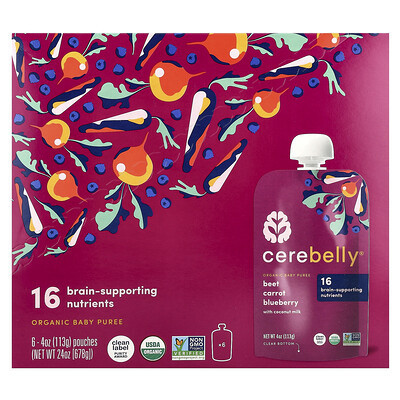 Cerebelly, Organic Baby Puree, Beet, Carrot, Blueberry with Coconut Milk, 6 Pouches, 4 oz (113 g) Each | iHerb