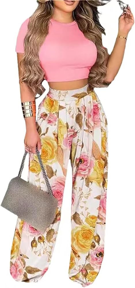 2 Piece Outfits for Women Short Sleeve Crop Top High Waist Wide Leg Long Pant Sets Tracksuit Spor... | Amazon (US)