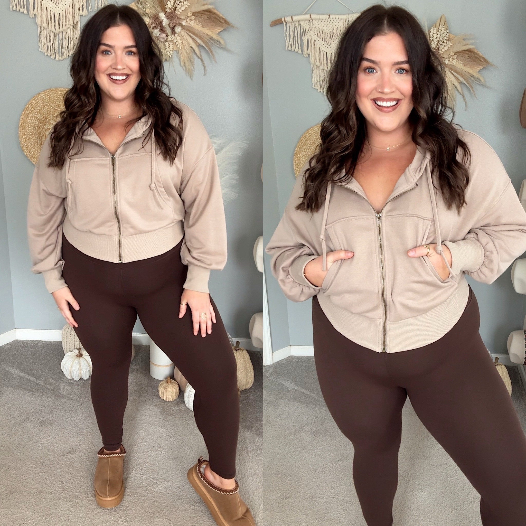 Casual Fall OOTD 🤎 Neutral outfit inspo. Crop zip up hoodie, brown high waisted leggings, look for less platform slippers 
Size XL

#LTKSeasonal #LTKStyleTip #LTKMidsize