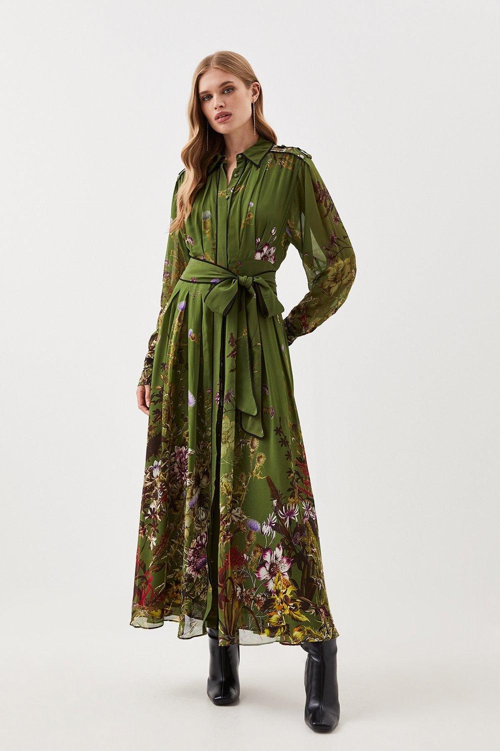 Lydia Millen Petite Viscose Floral Boarder Woven Shirt Midi Dress | Karen Millen UK + IE + DE + NL