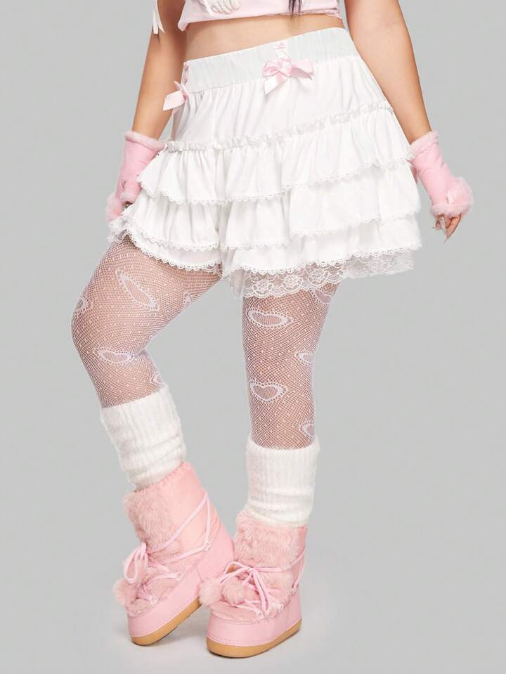 ROMWE Kawaii Plus Layered Ruffle Trim Bow Front Shorts | SHEIN