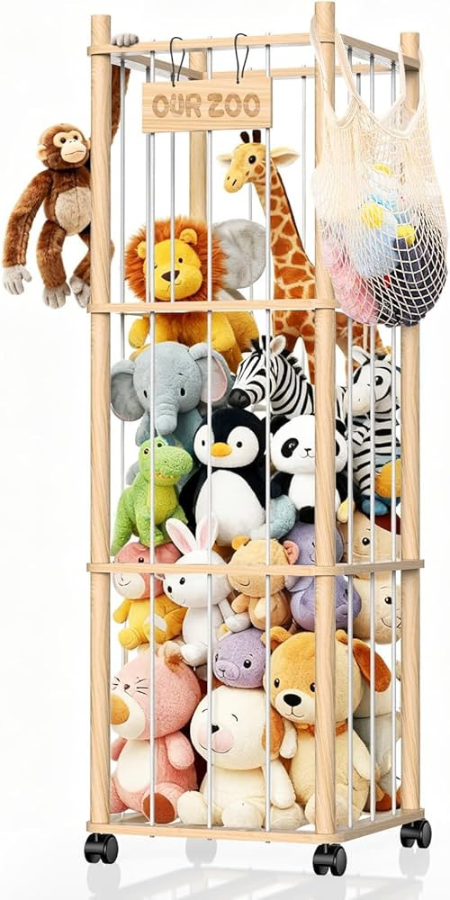 Stuffed Animal Storage Organizer, Wooden Plushies Toy Zoo Holder with Wheels, Large Capacity Stor... | Amazon (US)