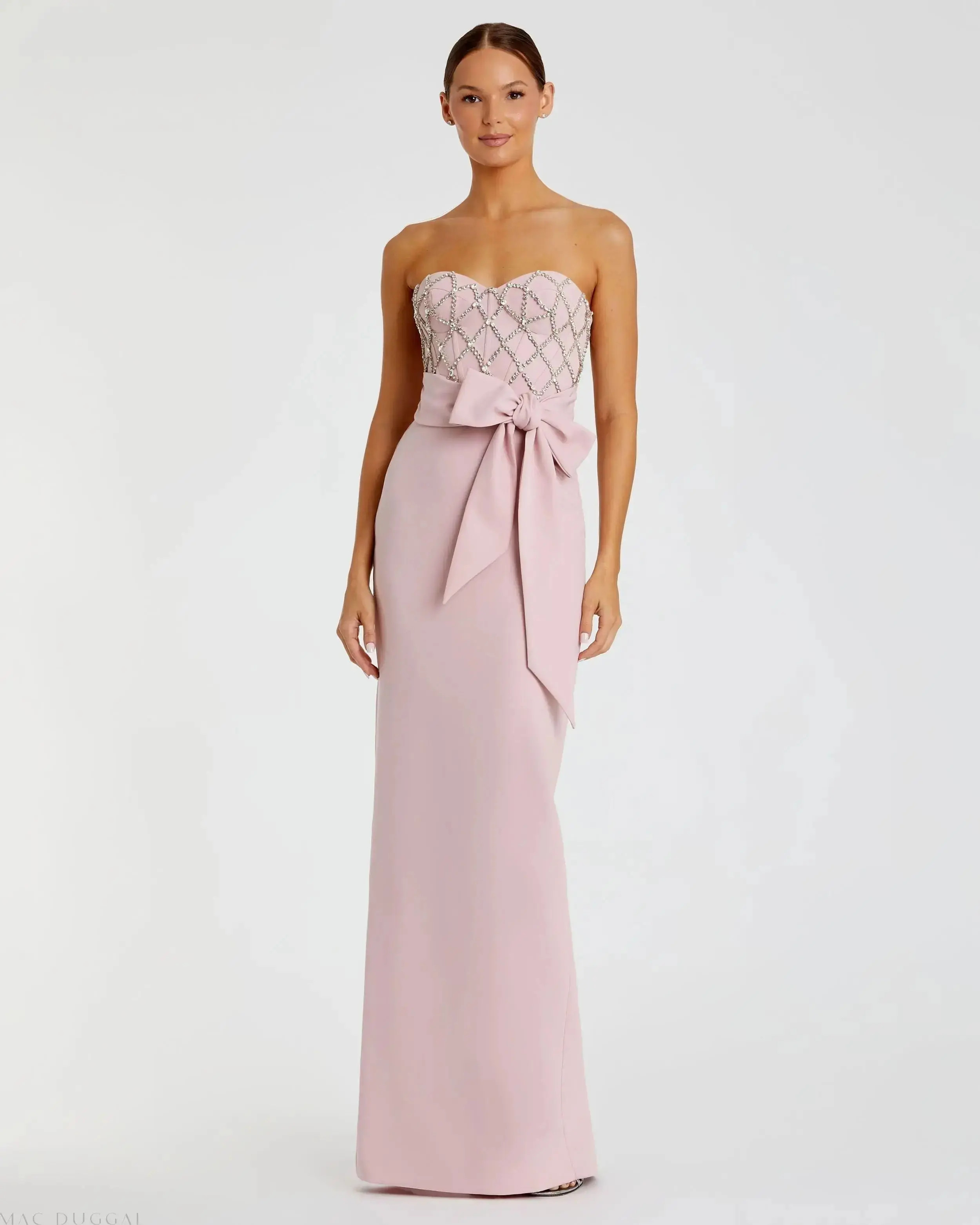Pink Embellished Strapless Bustier With Bow Crepe Gown | Mac Duggal | Mac Duggal