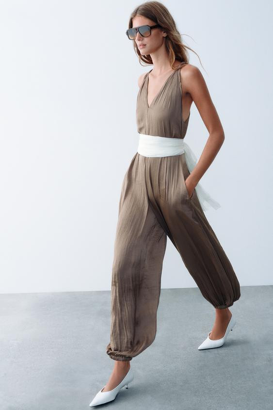 Zara - Satin Jumpsuit - Brown / Taupe - L - Woman | Zara US
