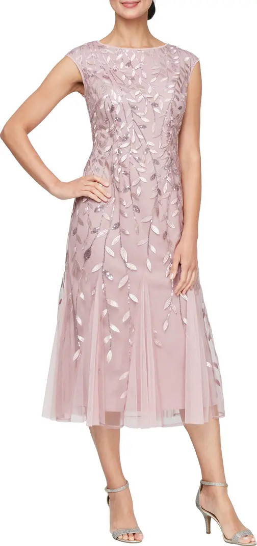 Sequin Leaf Embroidery Cocktail Midi Dress | Nordstrom