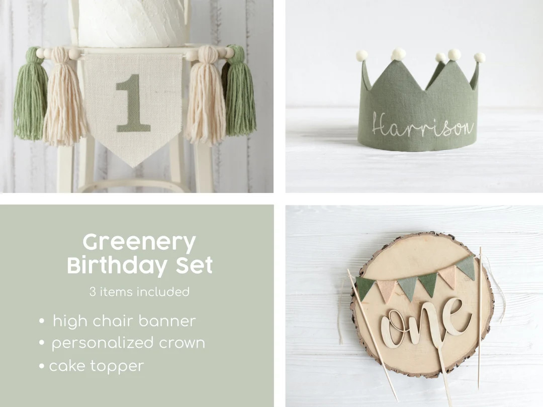 Greenery Birthday Party Bundle, High chair banner, Woodland Theme Cake smash Party, 1st birthday ... | Etsy (US)