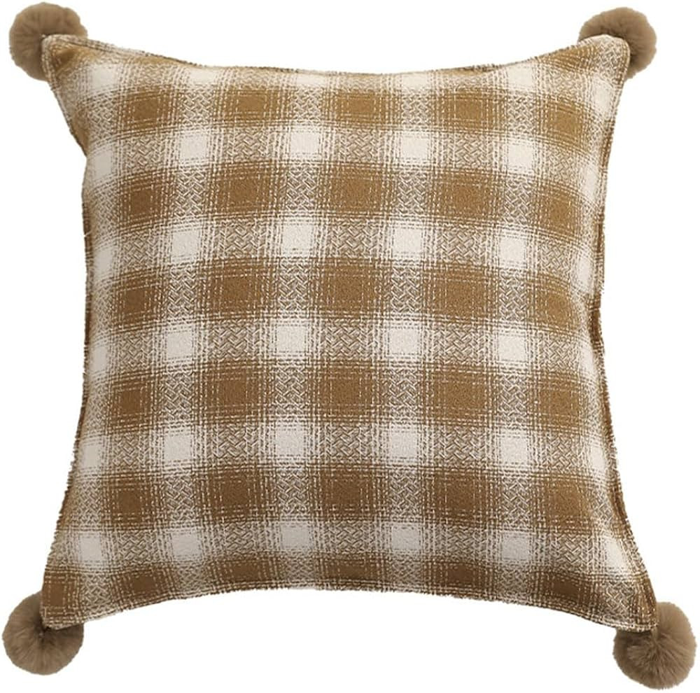 MOCOFO Christmas Throw Pillow Cover - Cotton Festive Plaid with Pom Poms (18x18) (brown) | Amazon (US)