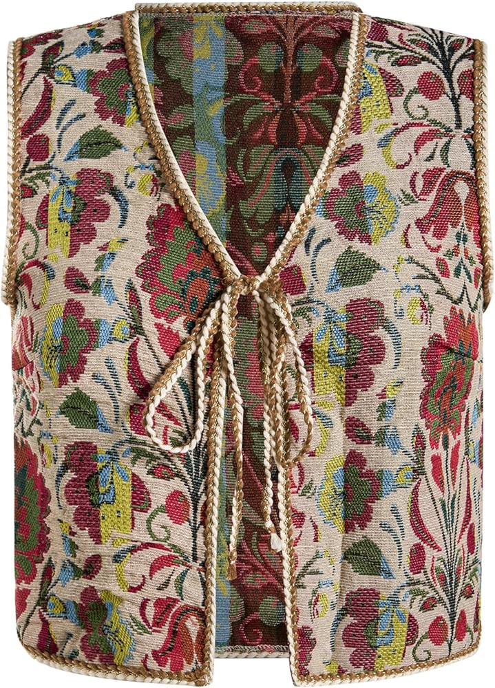 SweatyRocks Women's Floral Embroidered Tie Front Crop Vest Tops Boho Country Concert Cowgirl West... | Amazon (US)