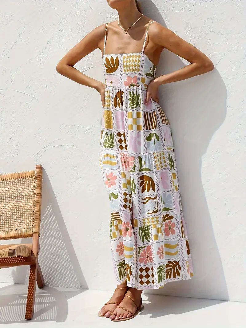 Patchwork Print Backless Cami Dress, Vacation Spaghetti Strap Shirred Maxi Dress, Women's Clothin... | Temu Affiliate Program