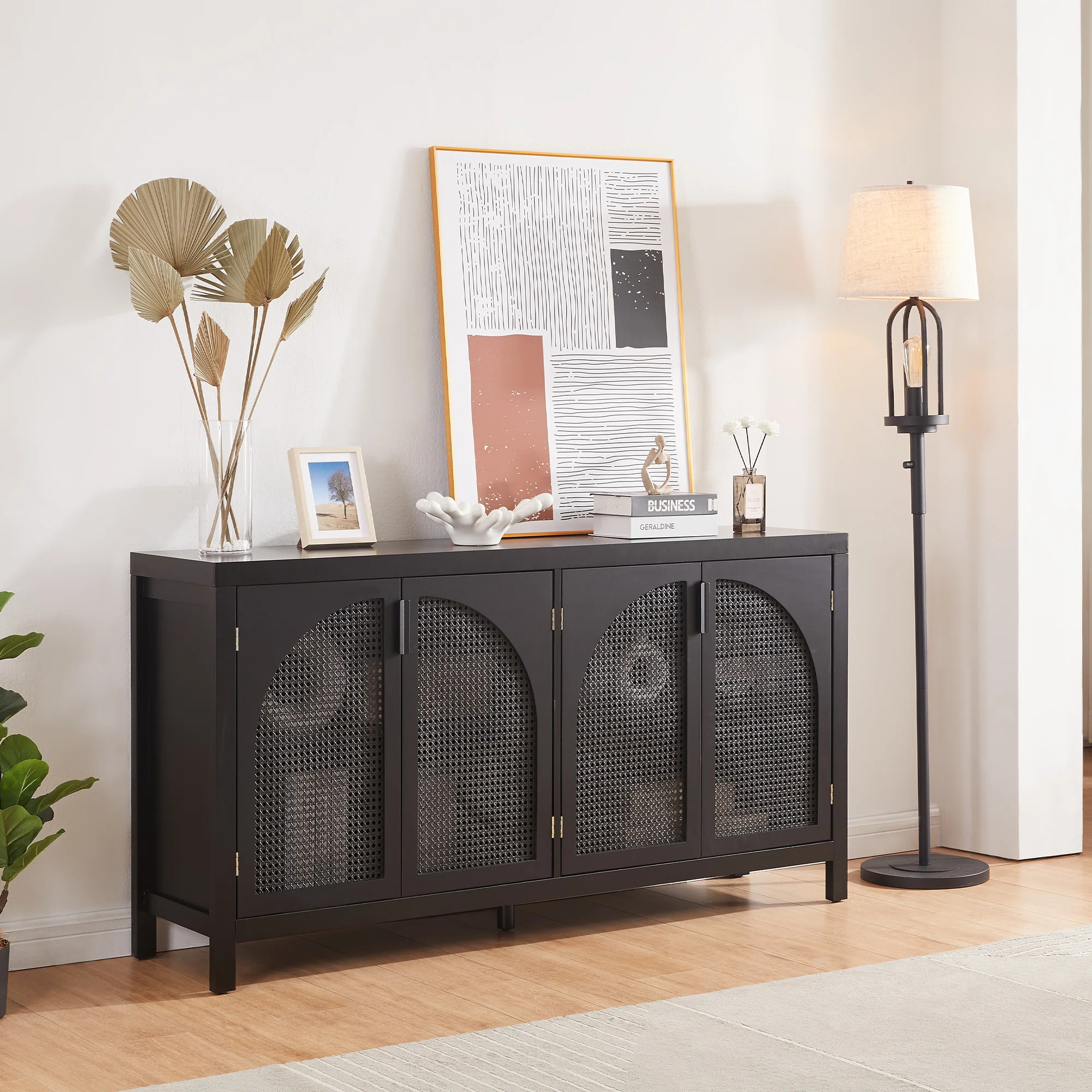58" Modern Sideboard Buffet,Black Rattan Storage Cabinet With Arch Door | Wayfair North America