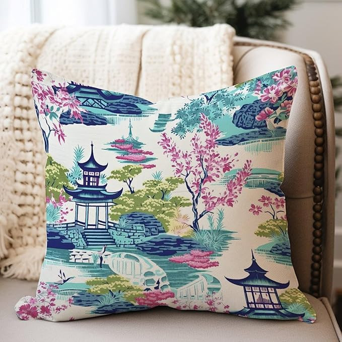 Aque Blue Pagoda Coral Pink Flower Waterproof Throw Pillow Cushion Asian Teal Turquoise Pagoda Ou... | Amazon (US)