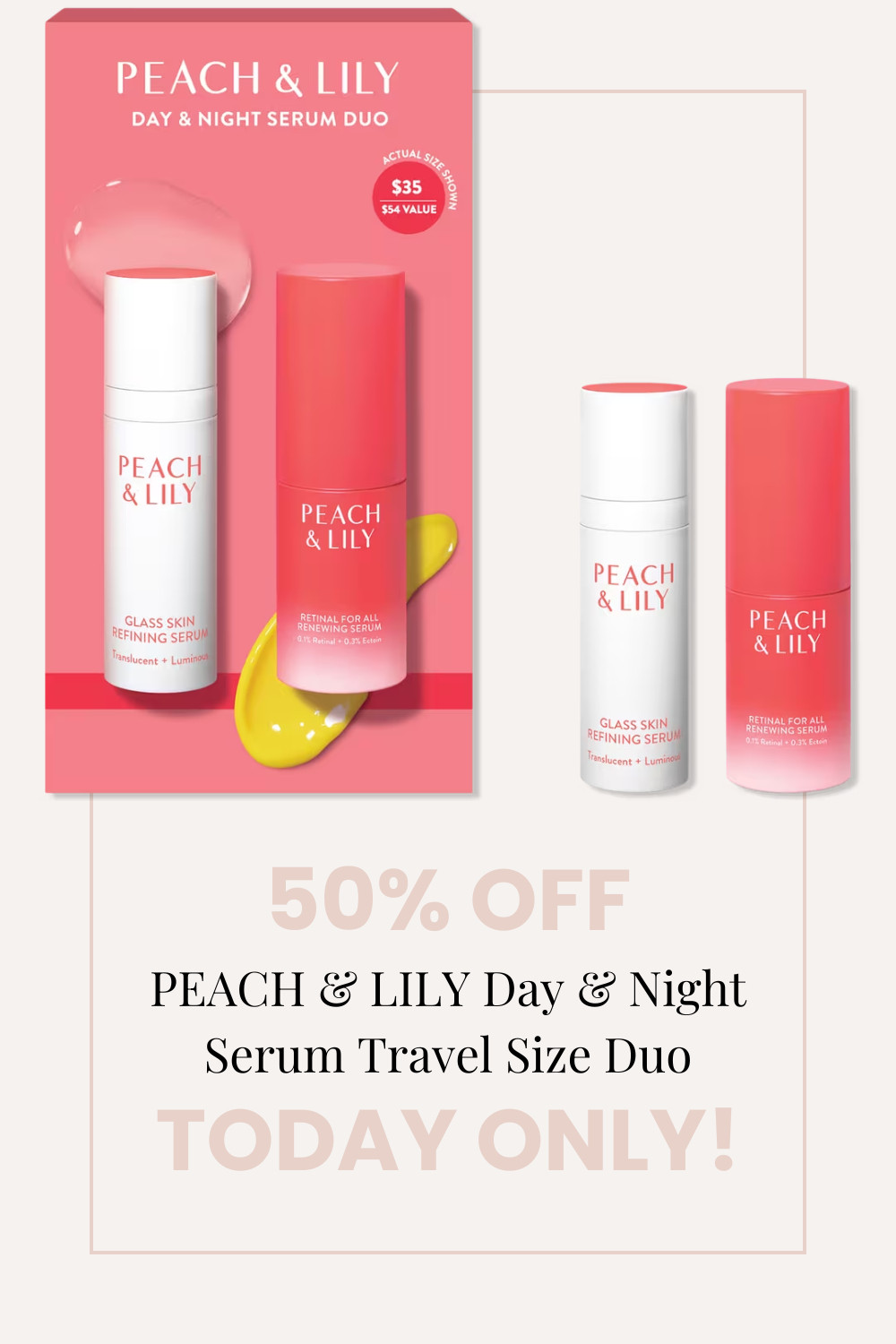 Today only! Get 50% off Peach & Lily's Day & Night Serum Travel Size Duo during Ulta's Love Your Skin Event. 

 #LTKSaleAlert #LTKFindsUnder50 #LTKBeauty