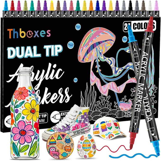 Thboxes 24 Colors Acrylic Paint Markers - Waterproof Dual Tip Paint Pens for Rock Painting, Fabri... | Amazon (US)
