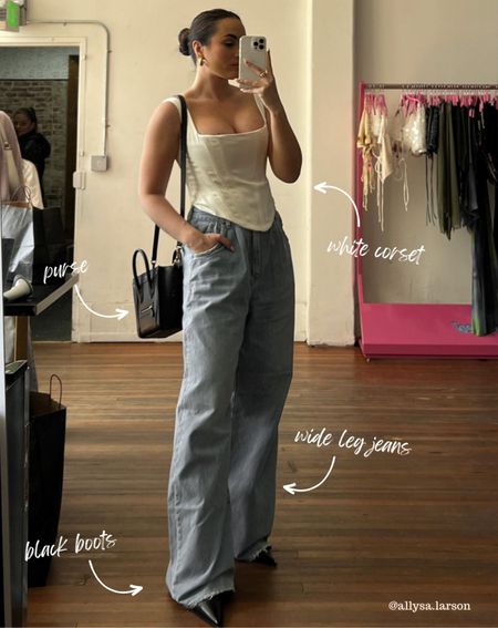 Outfit inspo, wide leg jeans, white corset, purse, spring fashion, spring outfit 

#LTKfit #LTKstyletip #LTKFind