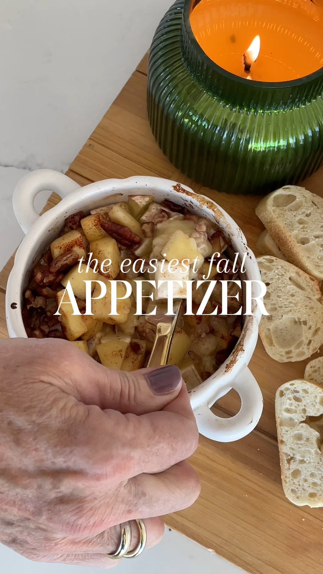 The easiest crowd-pleaser for fall nights! 

Baked brie topped with apples, honey, cinnamon, and pecans . Simple, shareable, and dangerously good.  

Ingredients
8 oz Brie cheese 1 wheel
1 large apple, chopped into about
1/2-inch pieces
1/4 teaspoon cinnamon
1/4 cup chopped pecans
Top with honey

Bake at 400°F for 15 minutes till melted and serve warm with a sliced baguette! Enjoy!

#LTKSeasonal #LTKHome #LTKParties
