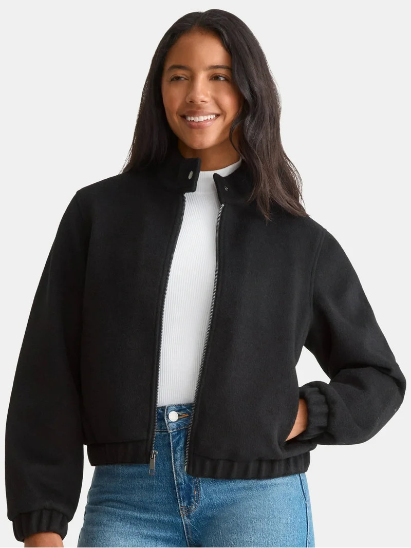 Time and Tru Women's and Women's Plus Faux Wool Bomber Jacket, Sizes XS-2X | Walmart (US)