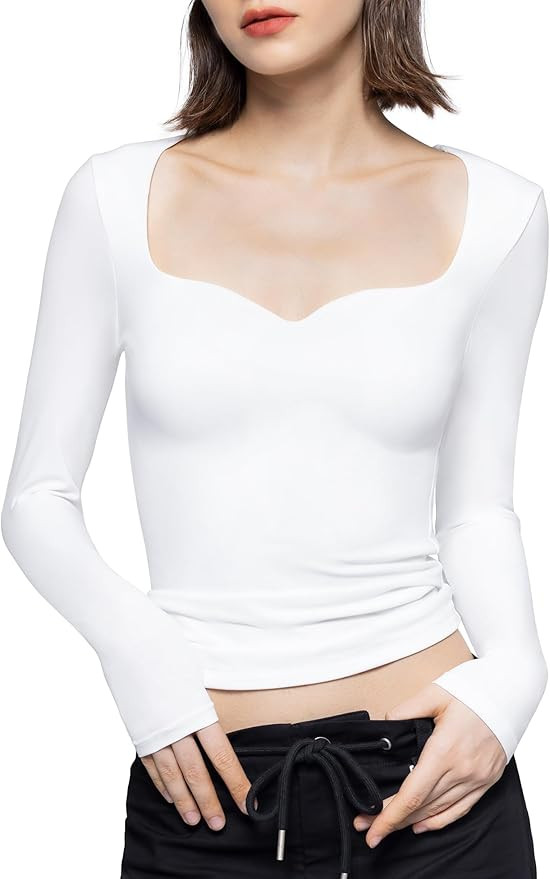 PUMIEY Women's Long Sleeve T Shirts Sweetheart Neck - Slim Fit Going Out Tops Sexy Basic Tee Smok... | Amazon (US)