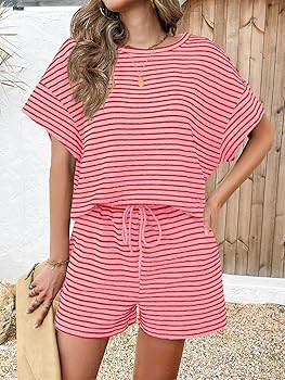 Tankaneo Womens 2 Piece Sets Summer Lounge Sets Striped Short Sleeve Oversized T Shirts Drawstrin... | Amazon (US)