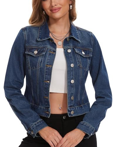 andy & natalie Jean Jacket women Fashion Denim Jackets Trendy Long Sleeve Basic Button Down Cropped Jean Shacket Outerwear Coat with Pockets X-Small | Amazon (US)