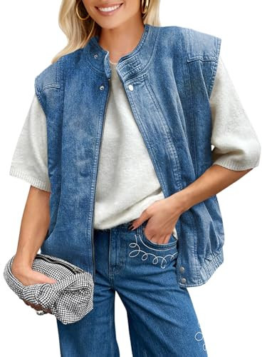 Tankaneo Womens Denim Vest Casual Zip Up Jean Vest Tops Utility Cargo Oversized Sleeveless Jacket Blue | Amazon (US)