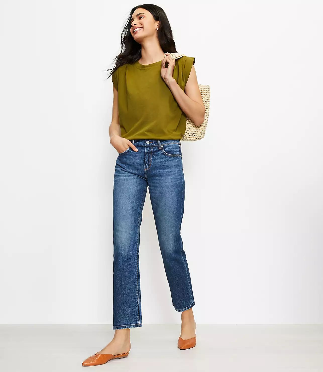 Petite Mid Rise Straight Crop Jeans in Staple Mid Indigo Wash | LOFT