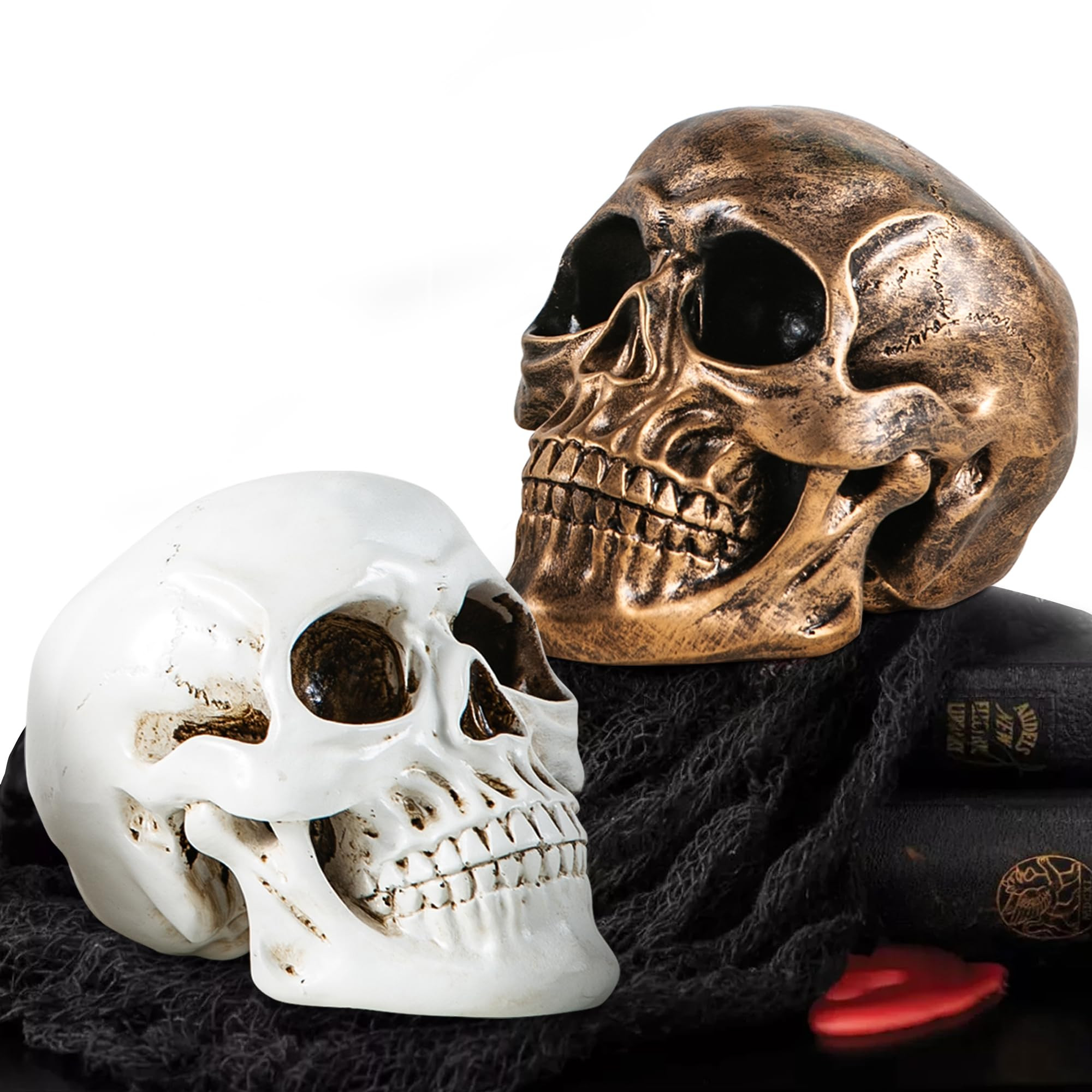 Halloween Skull Statues – Set of 2 Resin Skeleton Head Decorations (Gold & White) – 7.7" Real... | Amazon (US)