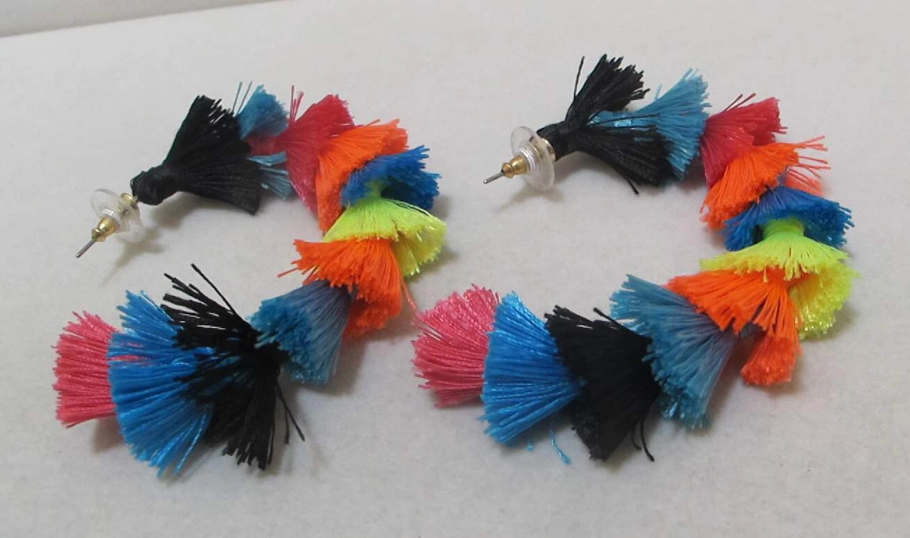Huge 2-1/4” Colorful Fine Fiber Yarn Tassels Hoop Earrings Post Pierced Boho | eBay | eBay US