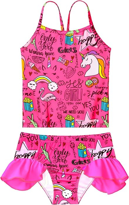 Girls Tankini Swimsuit Two Piece Bathing Suits Set Spaghetti Straps with Ruffled Hem Summer UPF 5... | Amazon (US)