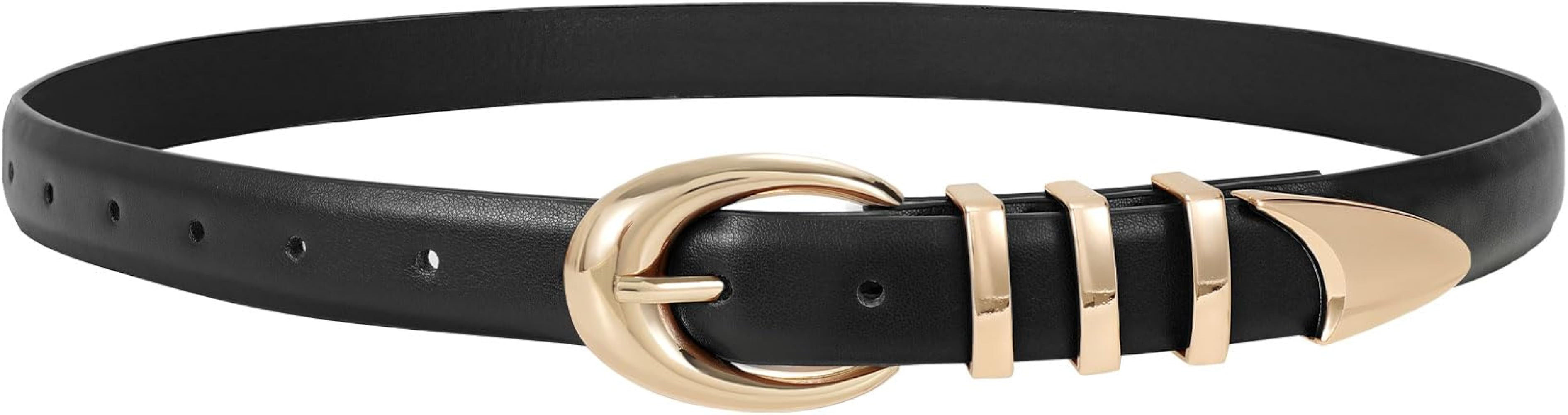 Women Leather Belt for Jeans Pants Fashion Ladies Skinny Faux Leather Dress belt with Gold Buckle | Amazon (US)