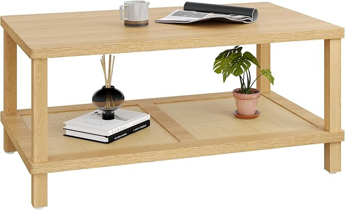 Rattan Coffee Table for Living Room,2-Tier Wooden Center Table with Hand Made Rattan Decorated,39... | Amazon (US)