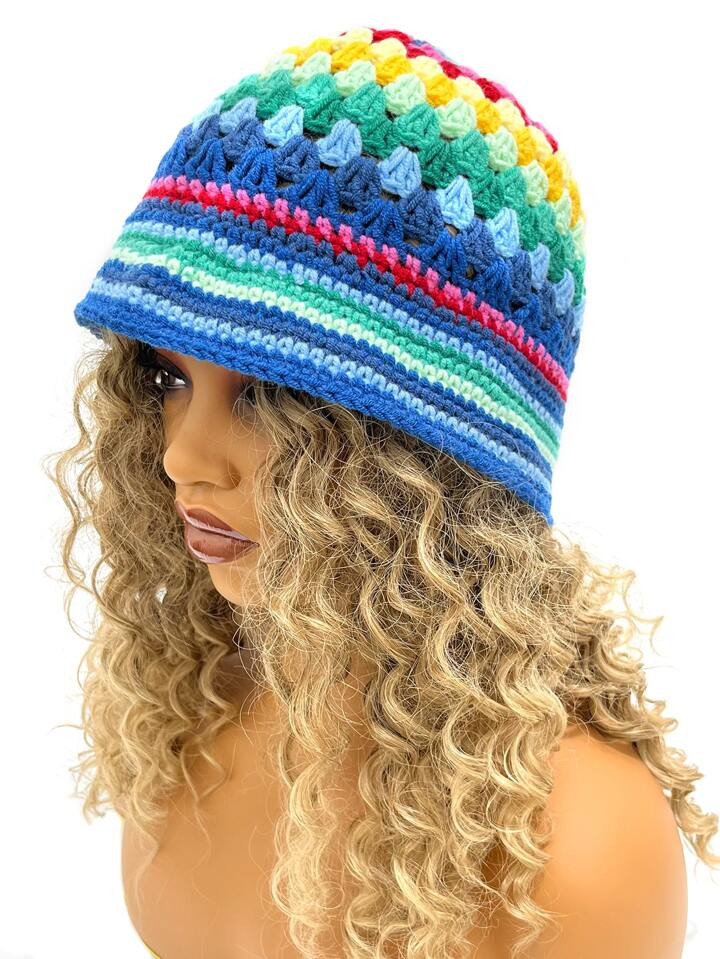 1pc Women's Handmade Rainbow Mixed Color Striped And Hollow Out Flower Knitted Y2k Style Bucket H... | SHEIN