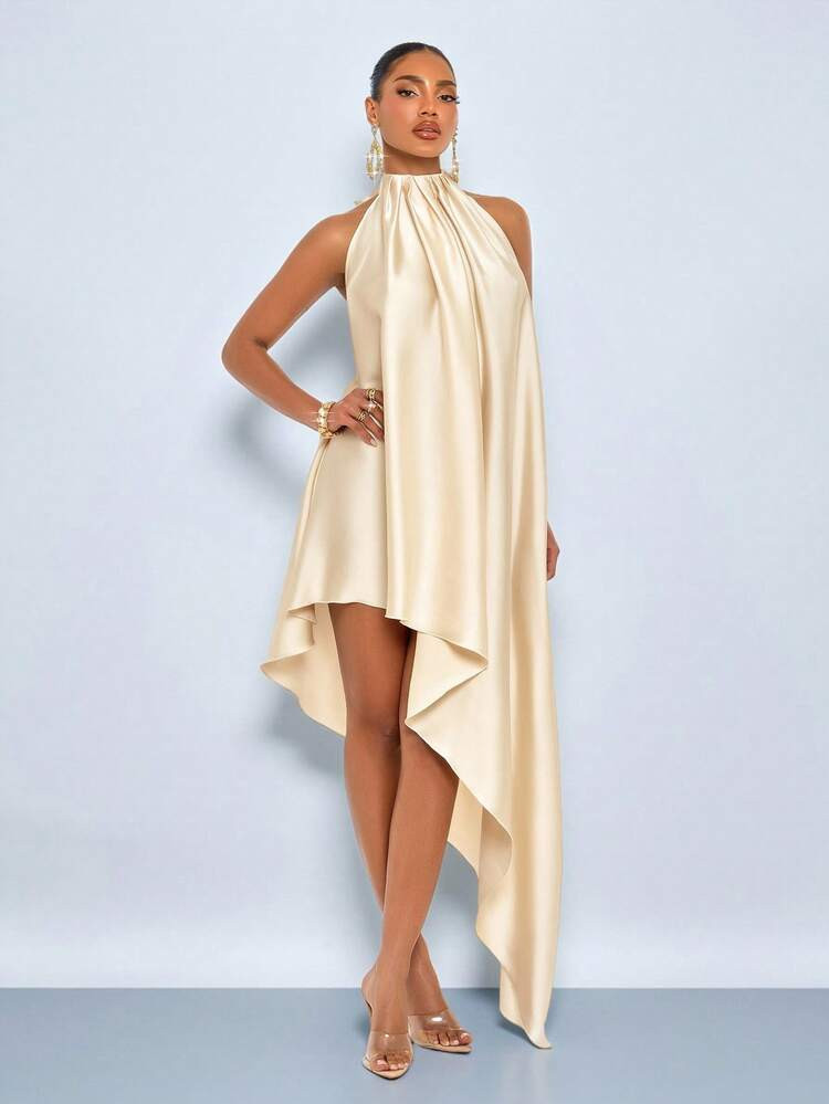 SOLERSUN Spring/Summer Women's Wear: Elegant And Charming, Perfect For Parties, Weddings, And More. Apricot Color, Glossy Satin Fabric, Sleeveless, Halter Neck With Tie Detail, Backless, Stand-Up Collar With Pleats, Asymmetrical Ruffled Hem, Sexy Maxi Dress. | SHEIN