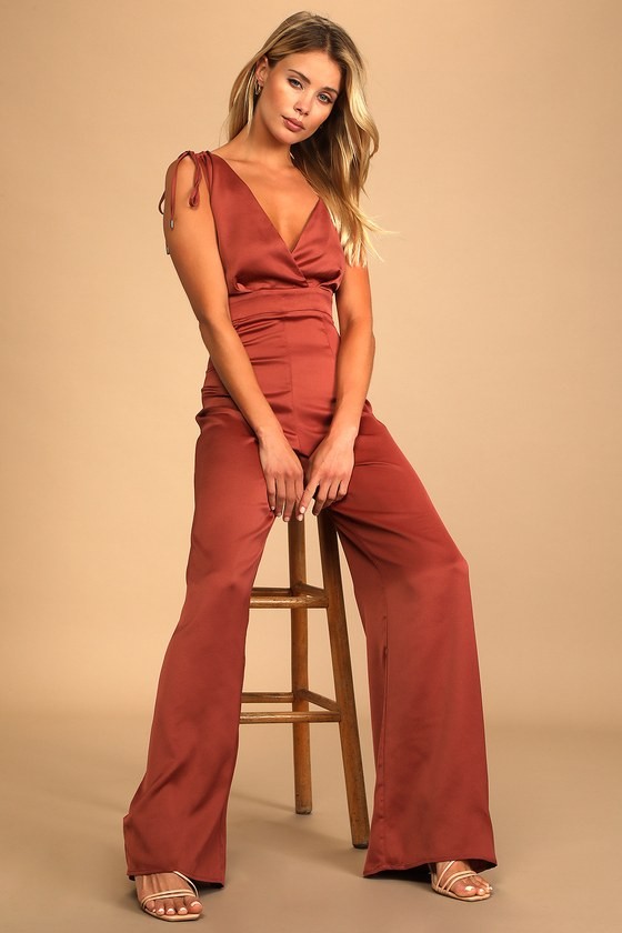 Look of Luxe Rusty Rose Satin Asymmetrical Wide-Leg Jumpsuit | Lulus (US)