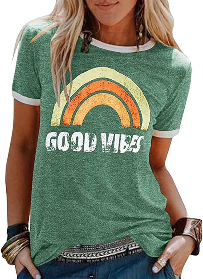 DAO XING Womens Graphic Tees Good Vibes Shirt Short Sleeve Funny T Shirts Rainbow Print Cute Summ... | Amazon (US)