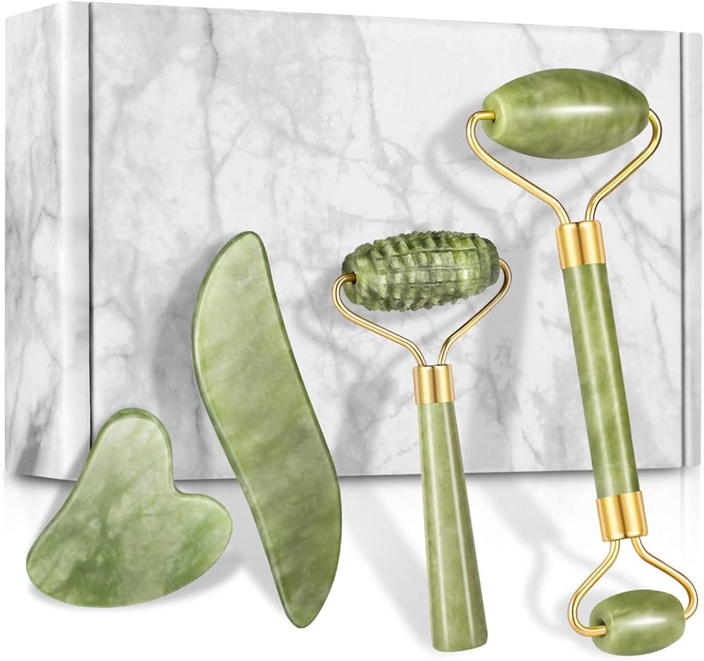 4-pcs Jade Roller & Gua Sha Set, Facial Roller Massager with Gua Sha Scraping Tool, Jade Stone Ma... | Amazon (US)