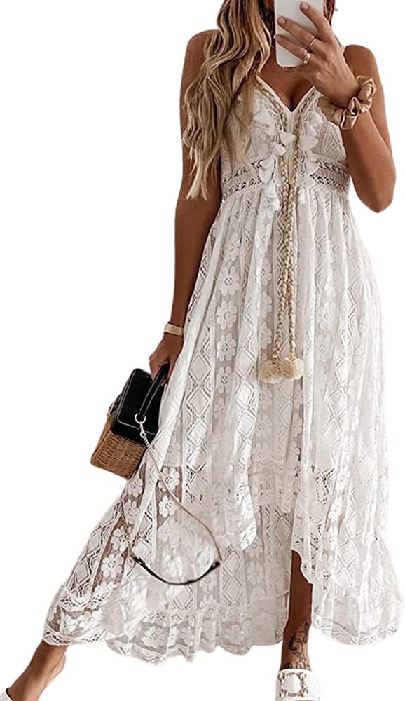CUPSHE Women's Summer Slip Boho Maxi Dress Lace Up Tassel V-Neck Flare Ruffle Beach Dresses White | Amazon (US)