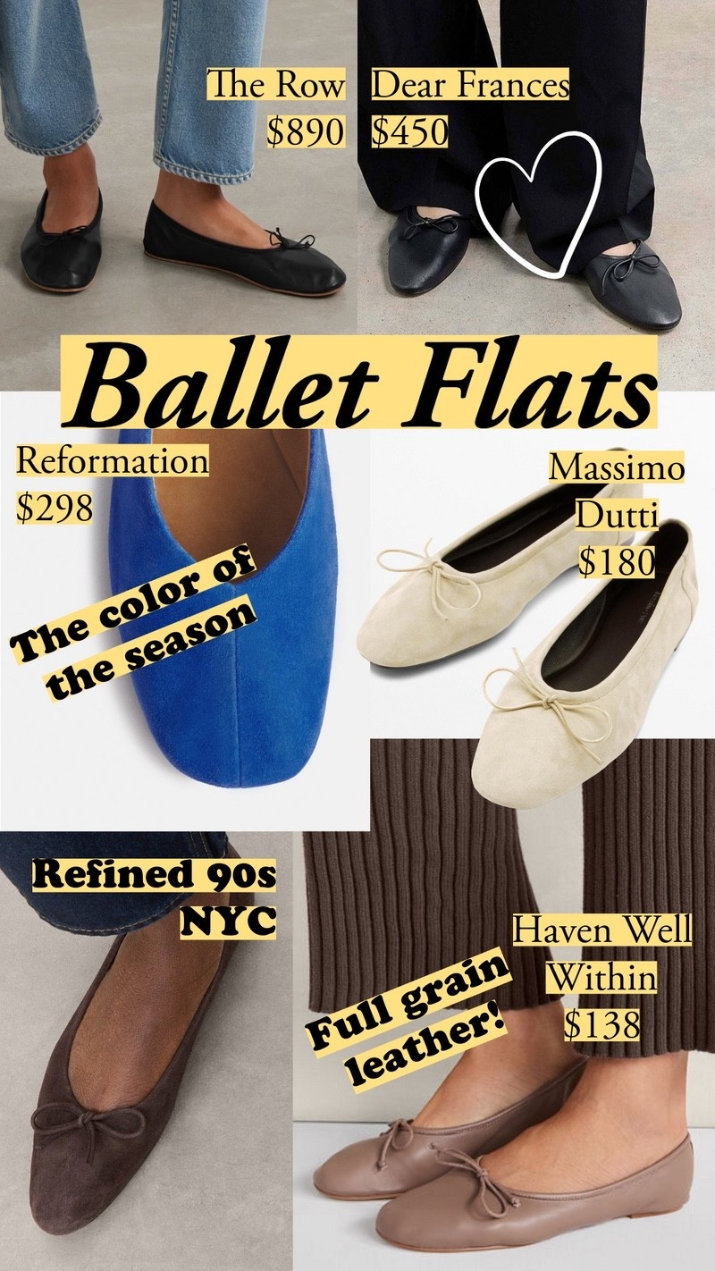 Classic round cap-toe ballet flats have peaked. The movement is soft structure, higher vamp, and lower profile – closer to an actual ballet shoe. Dear Frances competes with The Row for half the price: handmade in Italy, fully leather, and it shows. Flattered's got a sleek almond toe that's very 90s NYC. Reformation brings flawless execution in this season's Yves Klein blue for a fun update. Haven Well Within's got full grain leather - the highest tier - in a soft, ballerina body. I find Massimo Dutti's shoes incredibly comfortable, from the sole to the smooth interior. Love their styling as well. Margaux's Clara mule is beautifully smooth from soft upper to structured toe. Everlane's Gallery flat nails the square toe at $198. Watch for air gaps at the toe – we want it to follow the foot's curves. Ballet flats, ballerinas, Italian shoes, minimal flats, quince, flattered, massimo dutti, COS, schutz, lands' end, loeffler randall, margaux, shopbop, mansur gavriel, M.GEMI, A.Soliani, mango, everlane, Saks Fifth Avenue, reformation, haven well within

#LTKootd