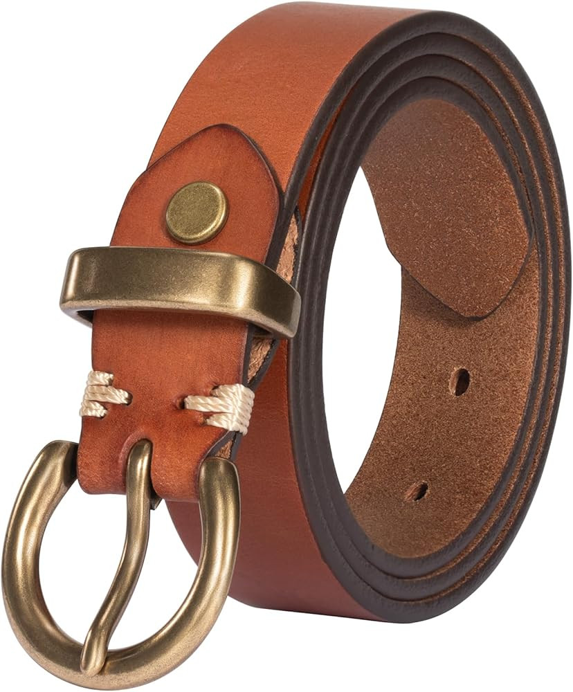 Womens Belt for Jeans Genuine Leather Belt Vintage Solid Brass Circle buckle Gift Box Packaging | Amazon (US)