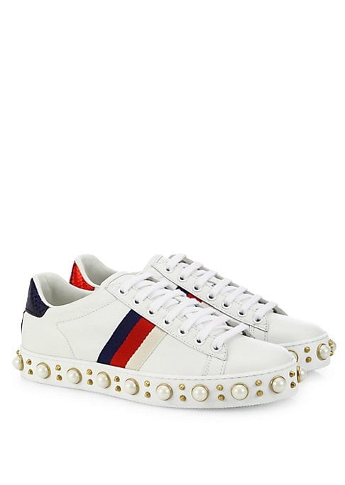 Gucci New Ace Faux Pearl Studded Leather Low-Top Sneakers | Saks Fifth Avenue