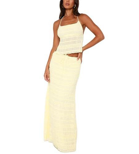 Yuemengxuan Women Y2k Ruffle Maxi Skirts Sets 2 Pieces Going Out Set Sleeveless Lace Trim Cami Top Flowy Ruffle Long Skirts (Yellow #4C, XL) | Amazon (US)