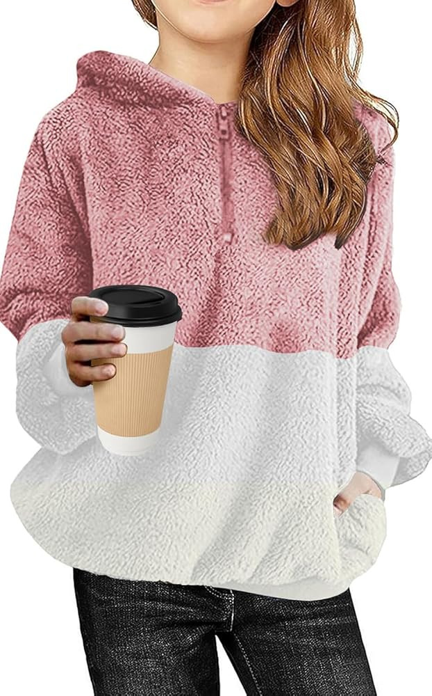 Girls Fuzzy Fleece Pullover Hoodies Sherpa Zip Up Sweatshirt Fluffy Coat with Pockets 6-15 Years | Amazon (US)