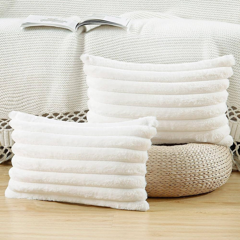 MADIZZ Set of 2 Faux Fur Plush Decorative Throw Pillow Covers 12x20 Inch Cream Fluffy Striped Sof... | Amazon (CA)