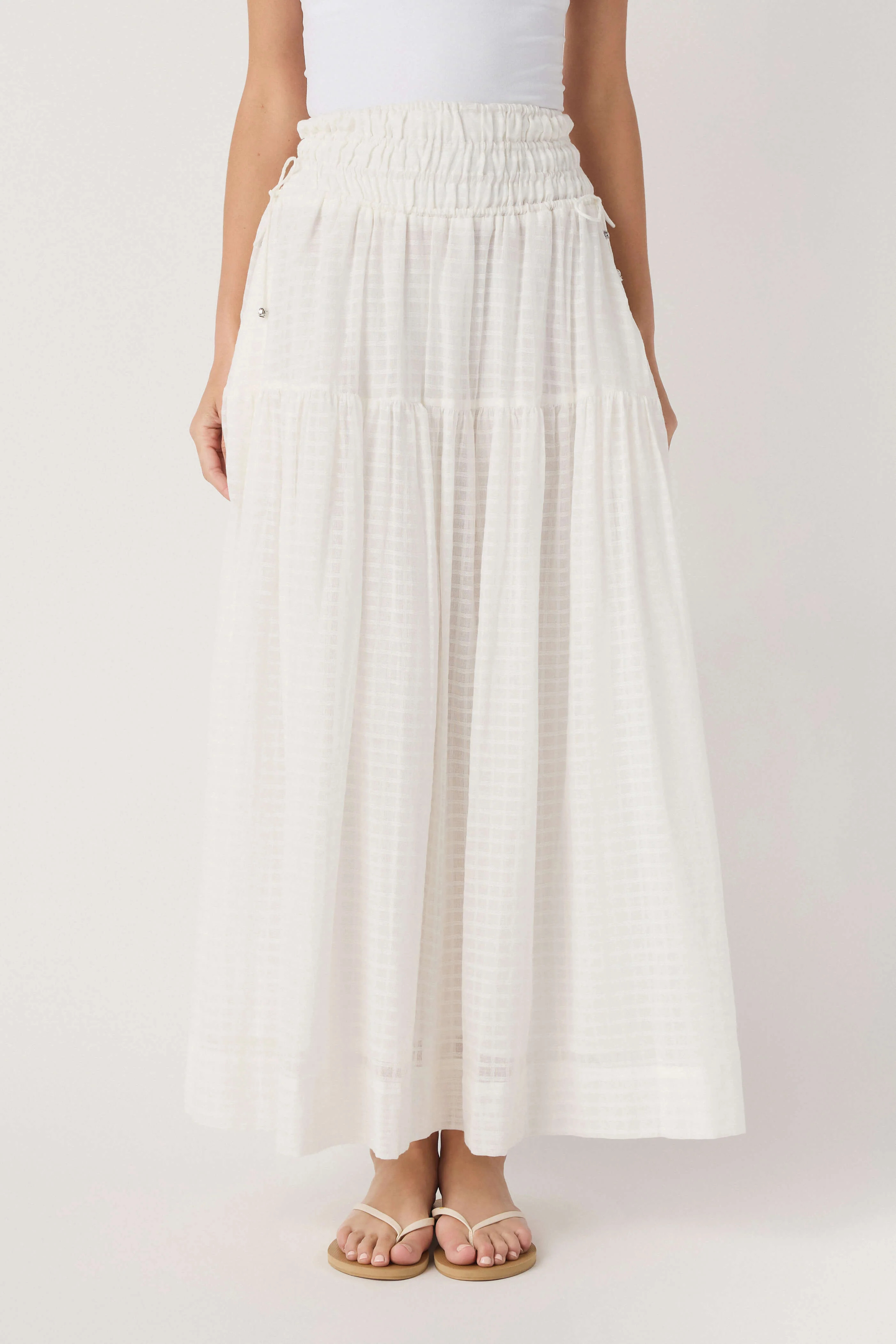 Elan Smock Waist Tiered Maxi Skirt | Social Threads