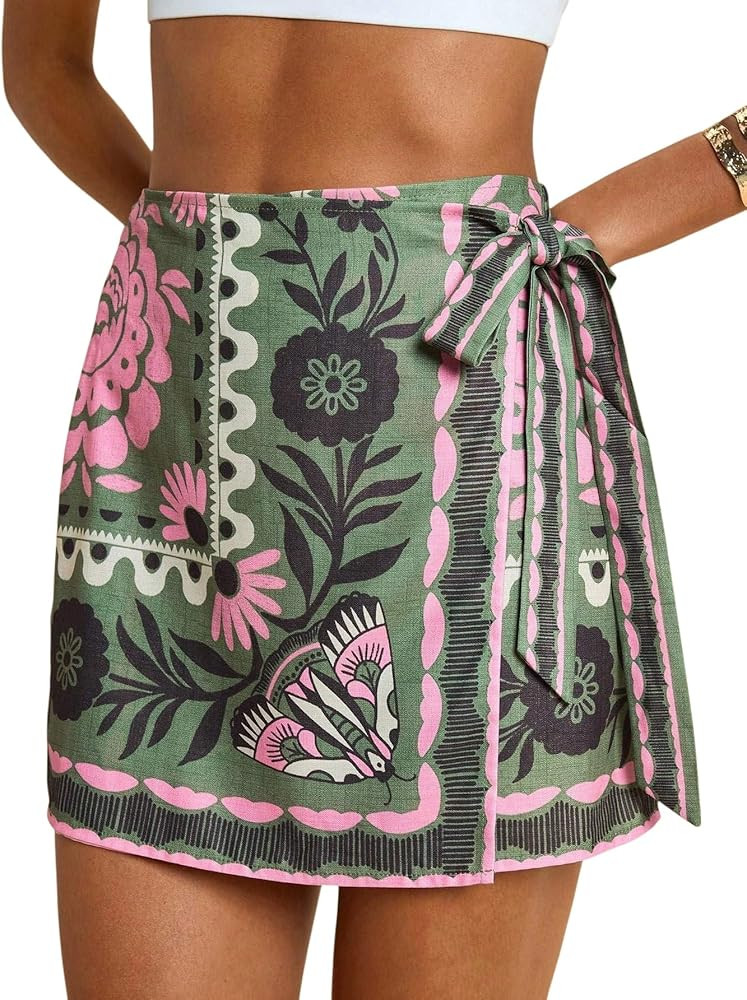 Womens Wrap Mini Skirt Summer Boho Floral Tropical Print Skirts Casual High Waisted Short Beach Skirts | Amazon (US)