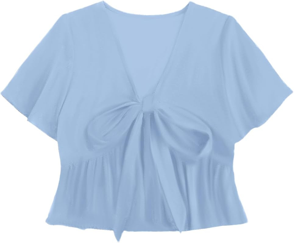 LYANER Women's Floral Print V Neck Tie Knot Ruffle Hem Short Sleeve Blouse Peplum Top | Amazon (US)