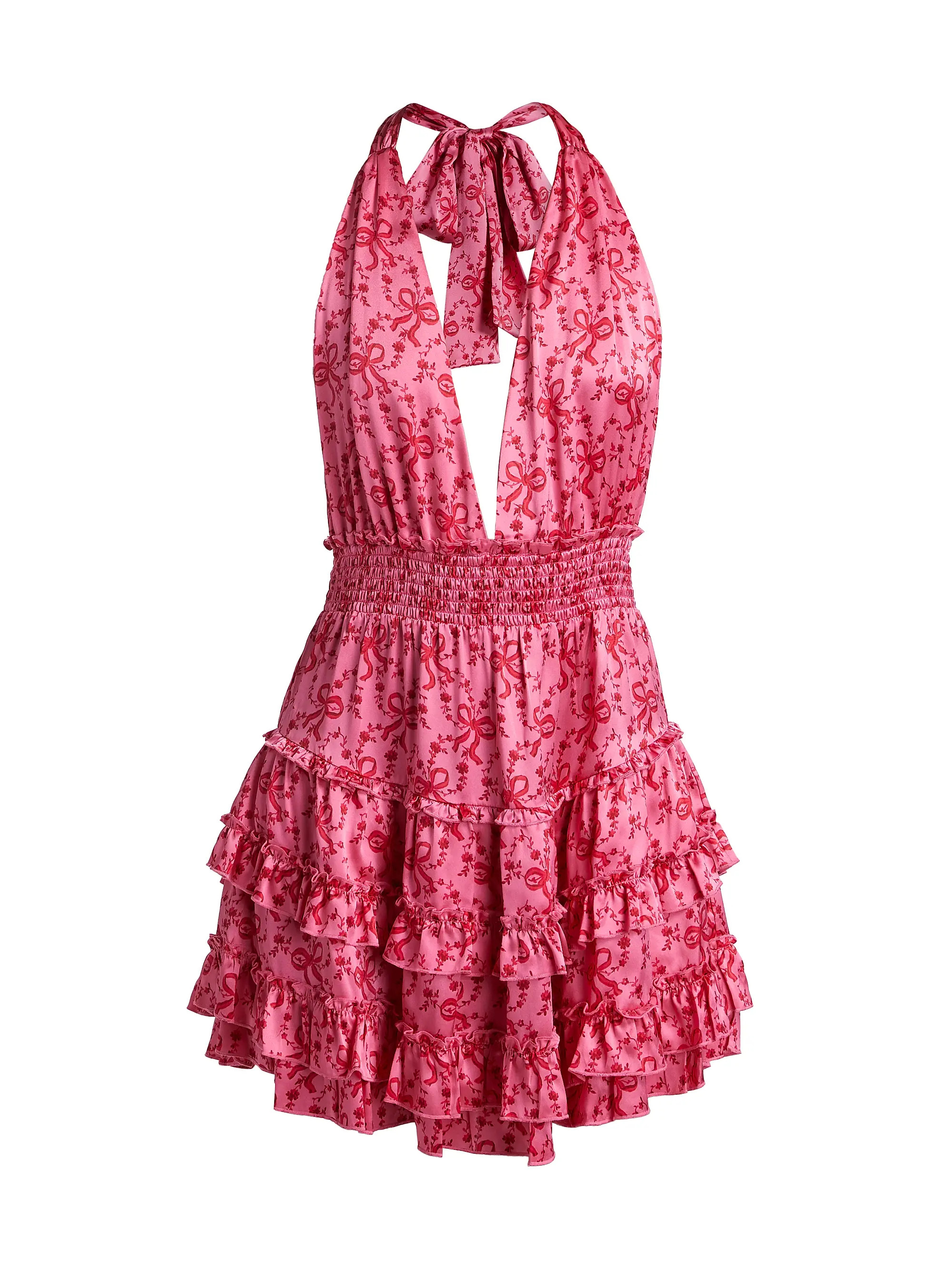 Quintelle Floral-Bow Print Ruffle Halter Minidress | Saks Fifth Avenue