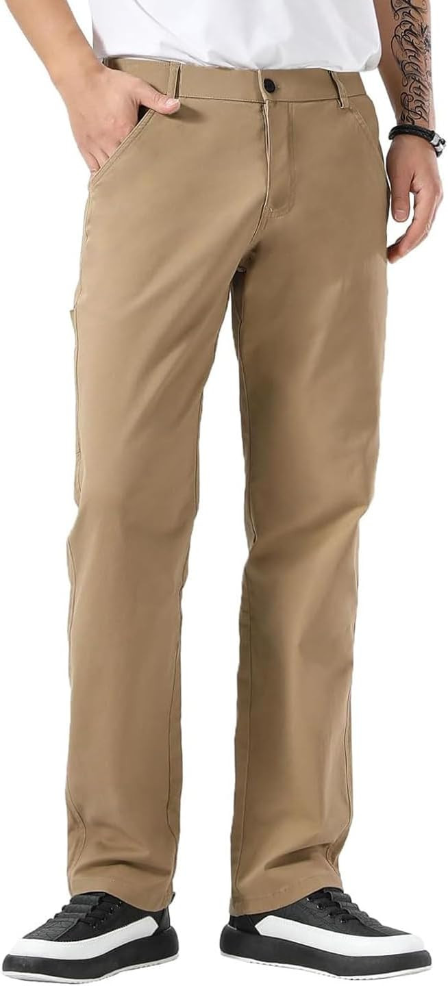 Plaid&Plain Men's Khaki Pants Stretchy Straight Fit Elastic Waistband | Amazon (US)