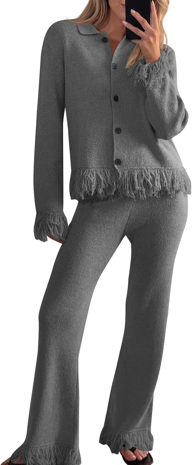 Saodimallsu Womens Fringe Button Up Sweater Sets 2 Piece Vacation Outfits | Amazon (US)