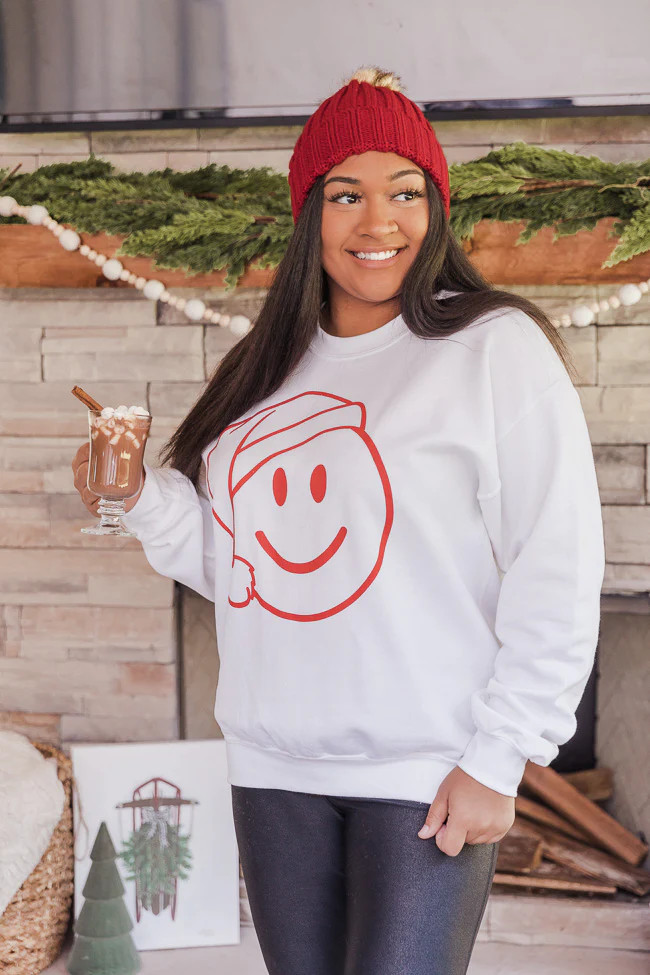 Santa Smiley White Graphic Sweatshirt | Pink Lily
