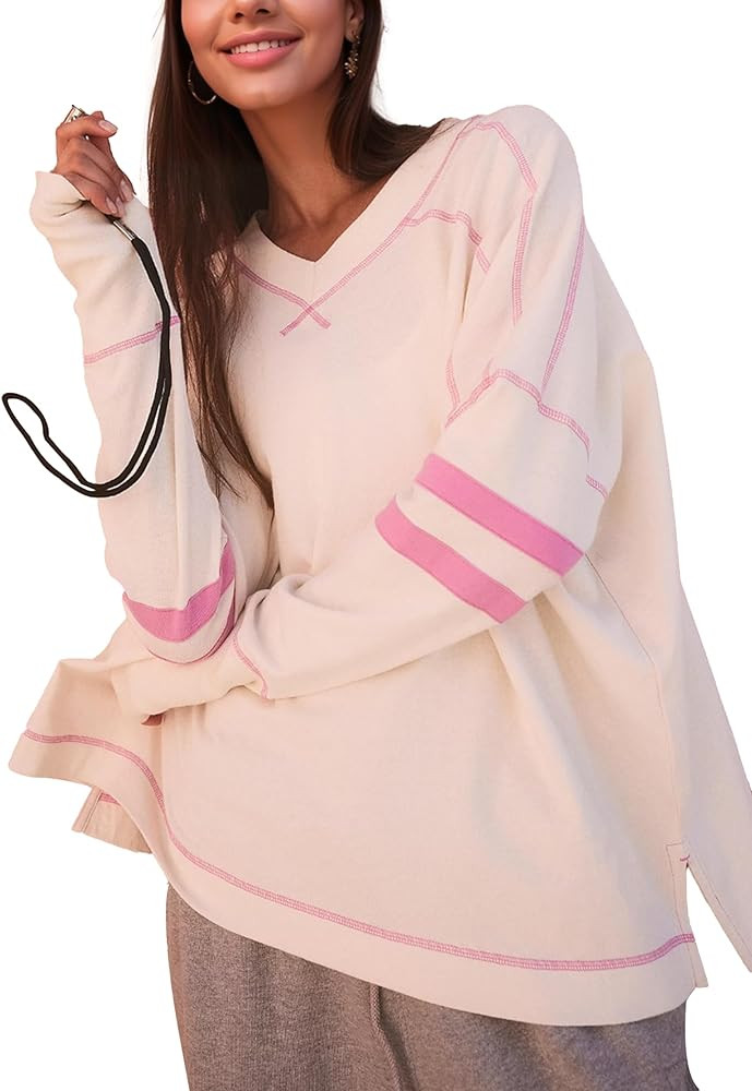 Women's Oversized Long Sleeve Tee Shirt Tshirt Pull-on Basic V Neck T Shirt Blouse Tunic Top with... | Amazon (US)